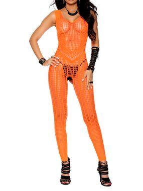 Neon Orange Crochet Bodystocking Open Crotch Lingerie Mesh Body Suit